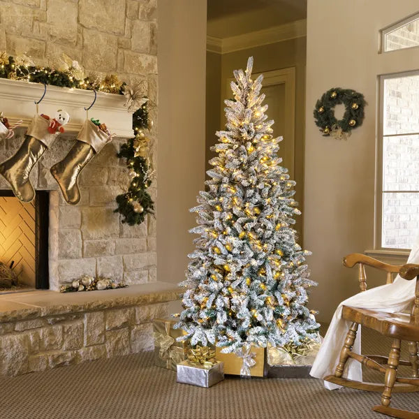 7 FT Snow Flocked Pre-lit Artificial Pencil Christmas Tree, Hinged Xmas Pine Tree With 1100 Branch Tips And 400 Lights For Holiday Party Office Home, Snowy Green