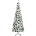 9-foot Pencil Snow Flocked Artificial Christmas Tree With 1350 Pine Realistic Branches, Pine Cones, Red Berries, Auto Open, Green