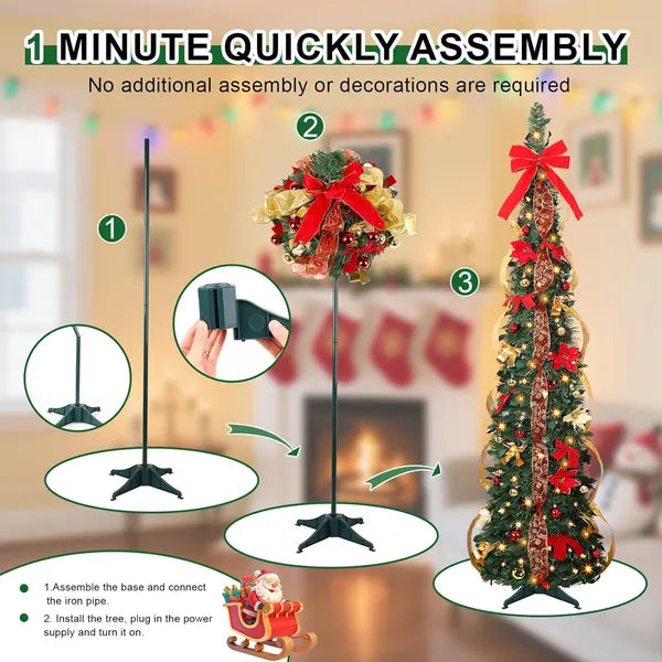 6ft Pop Up Prelit Pencil Artificial Christmas Tree With Remote Control, Slim Collapsible Christmas Tree Pre-Decorated Red&Gold Decorations, Pre-Lit Warm White&Multi-Color Lights For Xmas Decor, 6 FT