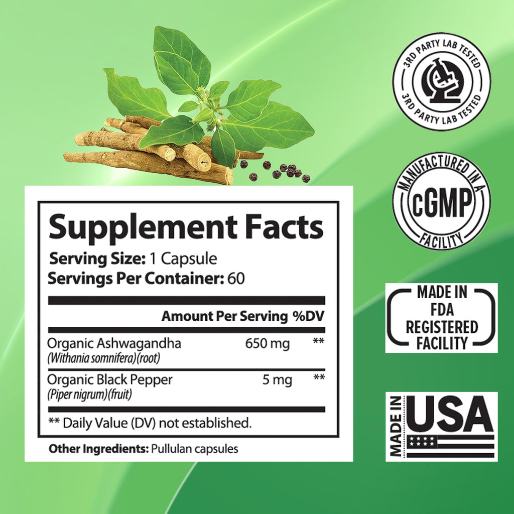 Ashwagandha Supplements Capsules Vegan Stress Relief Immune Support Supplement Balanced Energy Levels And Mood Organic