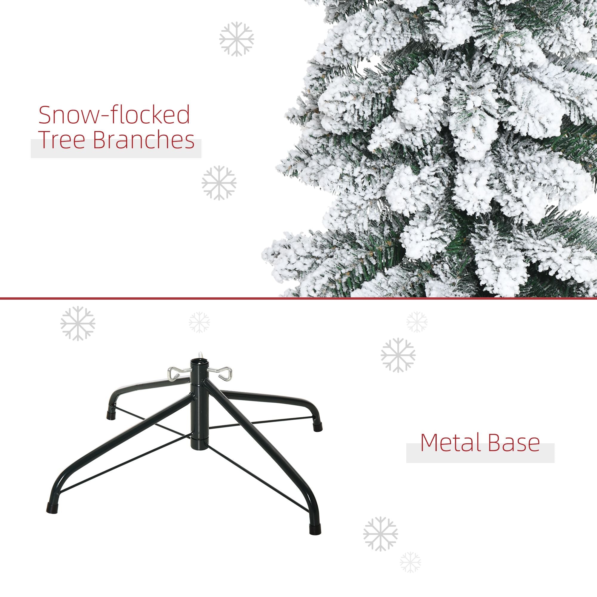 6 Ft Snow-Flocked Artificial Christmas Tree, Slim Pencil Xmas Tree With Realistic Branches, Metal Base, Green