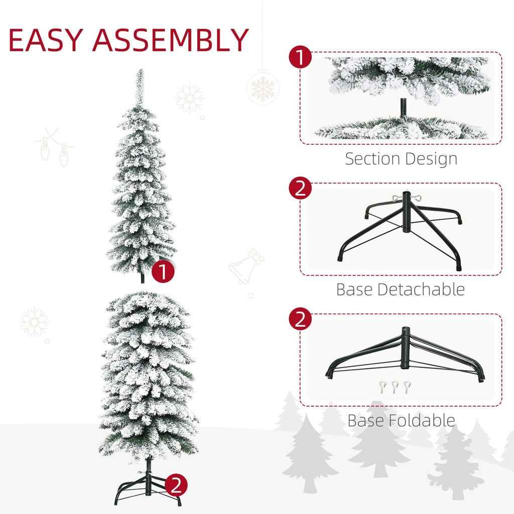 6 Ft Snow-Flocked Artificial Christmas Tree, Slim Pencil Xmas Tree With Realistic Branches, Metal Base, Green