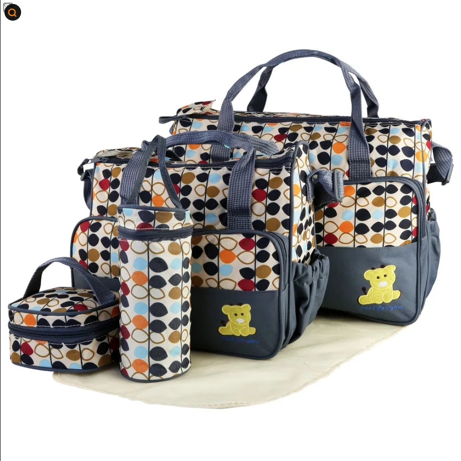 5PCS Baby Nappy Diaper Bags Set Mummy Diaper Shoulder Bags W Nappy Changing Pad Insulated Pockets Travel Tote Bags