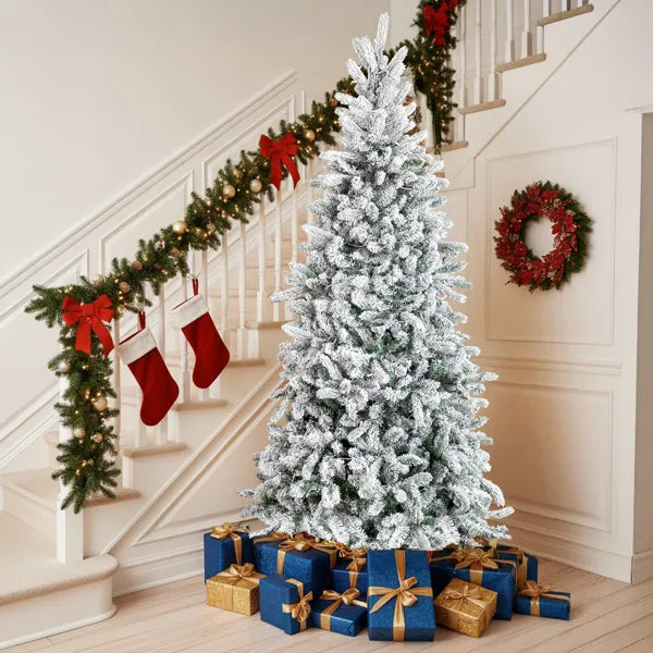 7 FT Snow Flocked Pre-lit Artificial Pencil Christmas Tree, Hinged Xmas Pine Tree With 1100 Branch Tips And 400 Lights For Holiday Party Office Home, Snowy Green