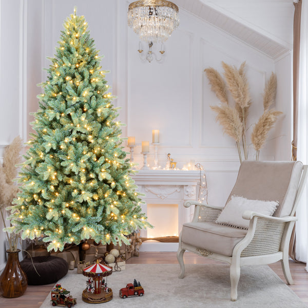 Artificial 7.5ft Blue Green Tint Christmas Tree With 2148 PE PVC Mixed Branch Tips, Memory Wire Iron Wire, Hinged Premium & Foldable Base For Indoor Holiday Decorating