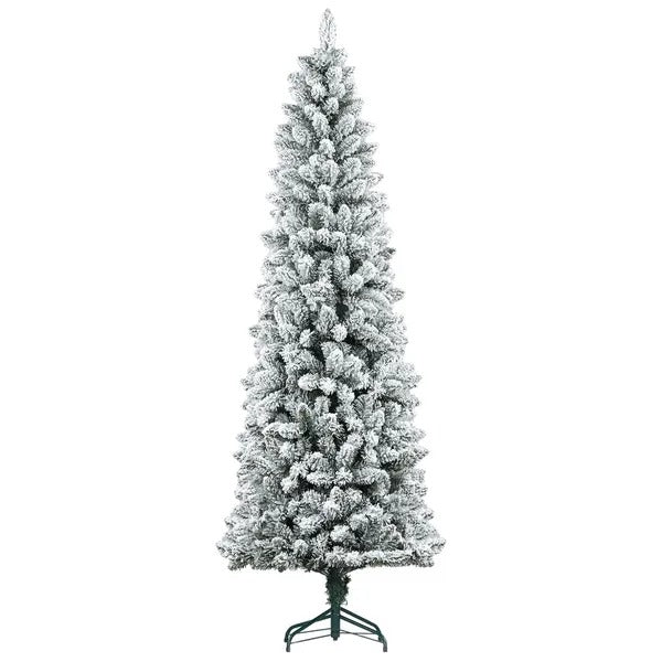 7ft Pencil Christmas Tree, Flocked Tree With 687 Branch Tips And Metal Base For Home, Indoor, Holiday