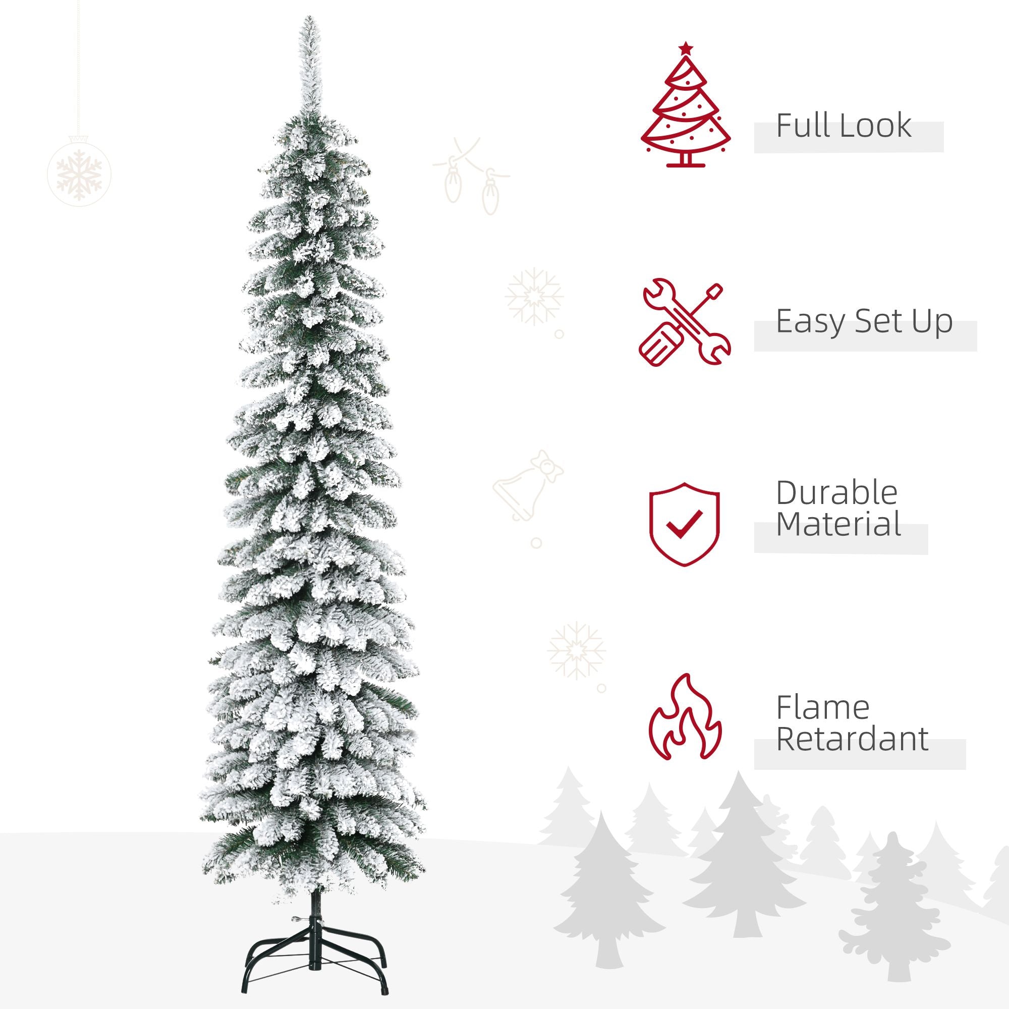 6 Ft Snow-Flocked Artificial Christmas Tree, Slim Pencil Xmas Tree With Realistic Branches, Metal Base, Green