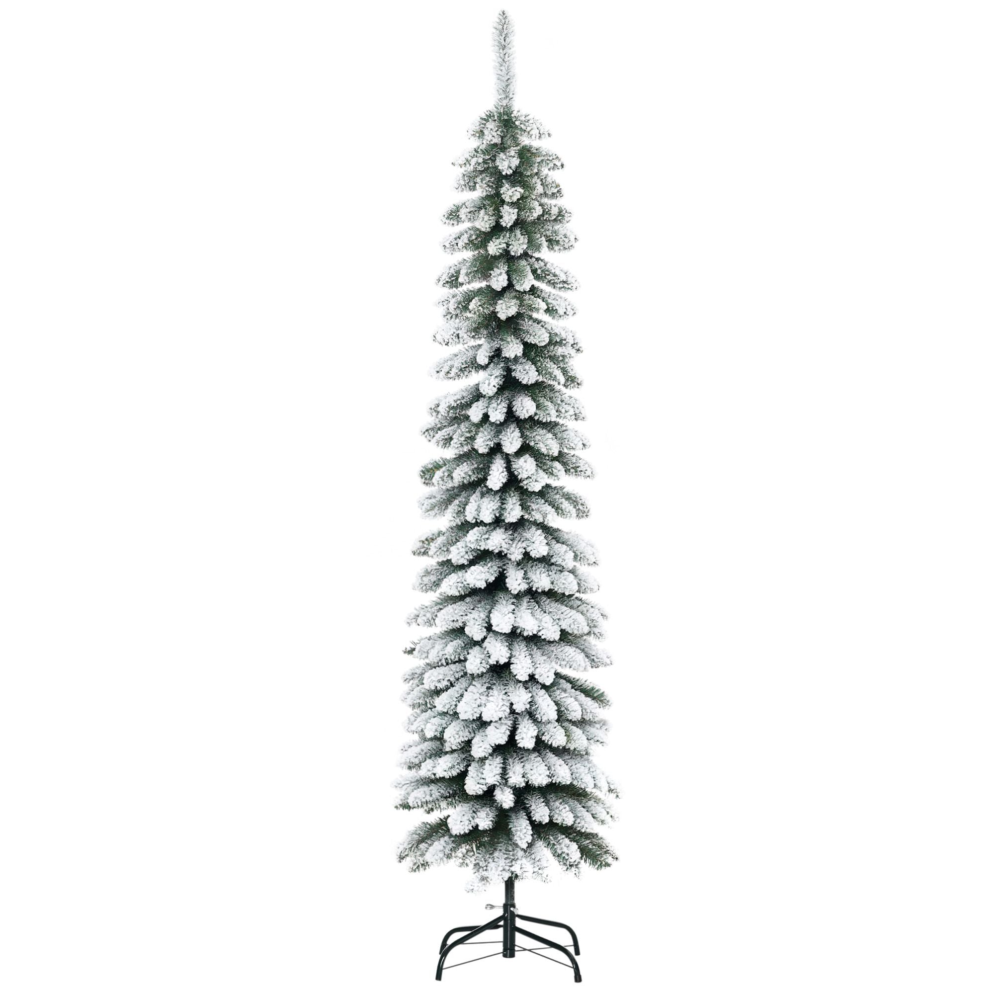 6 Ft Snow-Flocked Artificial Christmas Tree, Slim Pencil Xmas Tree With Realistic Branches, Metal Base, Green