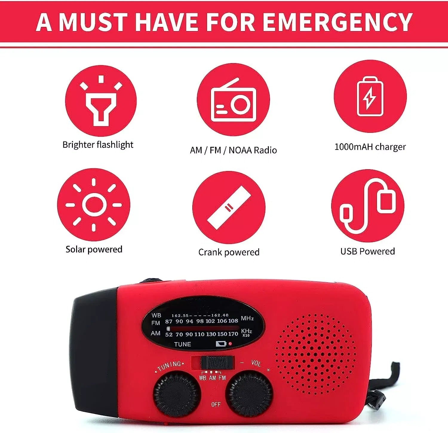 Emergency Radio Crank Solar Hand Weather Power Bank Charger Light