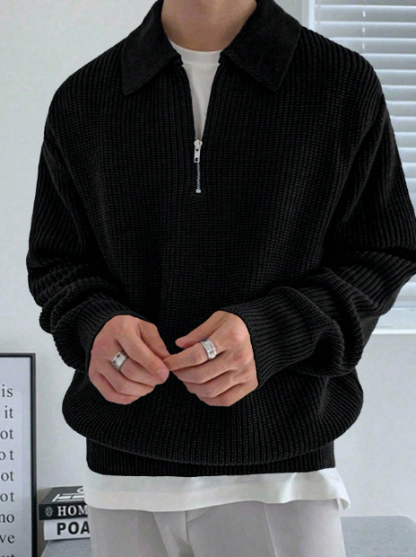 Claim Dot Men 1pc Quarter Zip Ribbed Knit Plain Casual Collared Long Sleeve Sweater