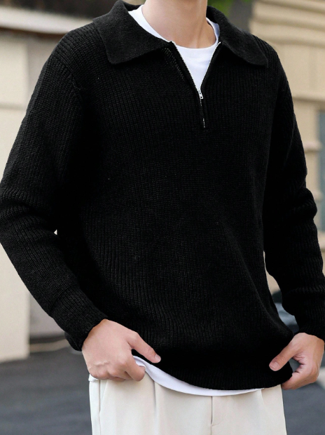 Claim Dot Men 1pc Quarter Zip Ribbed Knit Plain Casual Collared Long Sleeve Sweater