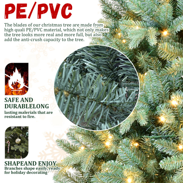 Artificial 7.5ft Blue Green Tint Christmas Tree With 2148 PE PVC Mixed Branch Tips, Memory Wire Iron Wire, Hinged Premium & Foldable Base For Indoor Holiday Decorating
