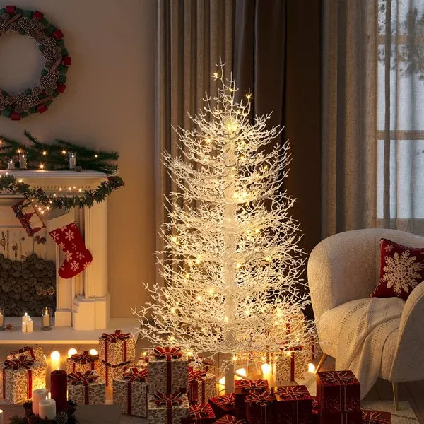 4FT Pre-lit Aspen Fir Artificial Christmas Tree, Hinged Xmas Tree 280 Snow Flocked Branch Tips, 230 Warm White LED Lights, Holiday Coral Christmas Tree For Home Party--Not Support Self-pick Up