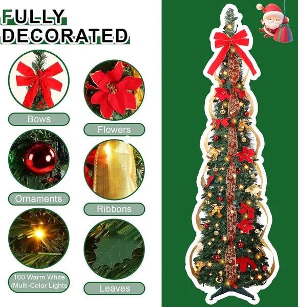 6ft Pop Up Prelit Pencil Artificial Christmas Tree With Remote Control, Slim Collapsible Christmas Tree Pre-Decorated Red&Gold Decorations, Pre-Lit Warm White&Multi-Color Lights For Xmas Decor, 6 FT
