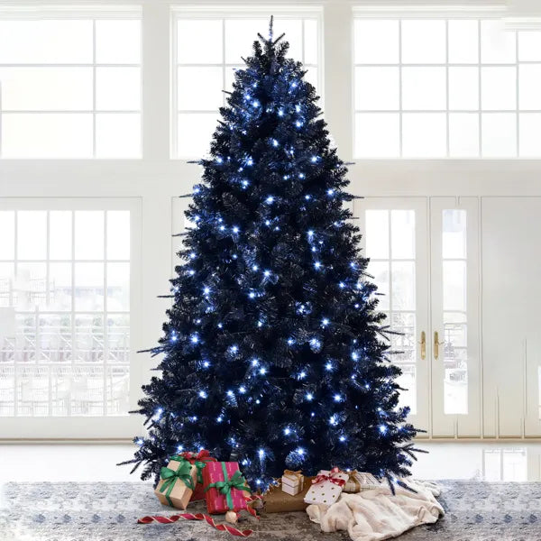 5ft Black Christmas Tree With 250 White LED Lights, 1076 Tips PE+PVC Artificial Tree For Halloween & Holiday Decor, Hinged Structure With Stable Metal Stand