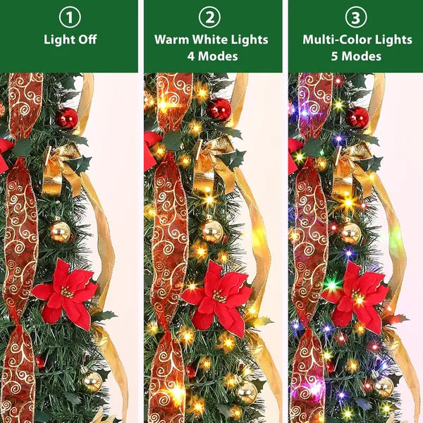 6ft Pop Up Prelit Pencil Artificial Christmas Tree With Remote Control, Slim Collapsible Christmas Tree Pre-Decorated Red&Gold Decorations, Pre-Lit Warm White&Multi-Color Lights For Xmas Decor, 6 FT