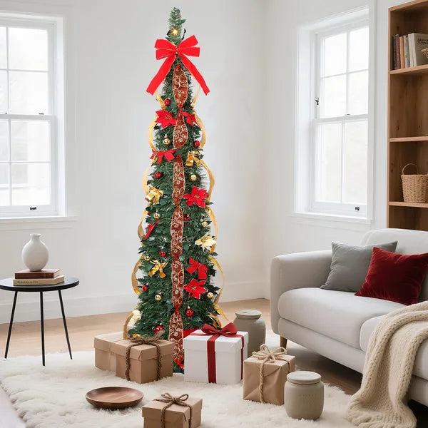 6ft Pop Up Prelit Pencil Artificial Christmas Tree With Remote Control, Slim Collapsible Christmas Tree Pre-Decorated Red&Gold Decorations, Pre-Lit Warm White&Multi-Color Lights For Xmas Decor, 6 FT