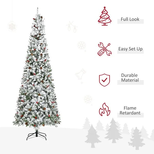 9-foot Pencil Snow Flocked Artificial Christmas Tree With 1350 Pine Realistic Branches, Pine Cones, Red Berries, Auto Open, Green