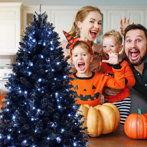 5ft Black Christmas Tree With 250 White LED Lights, 1076 Tips PE+PVC Artificial Tree For Halloween & Holiday Decor, Hinged Structure With Stable Metal Stand